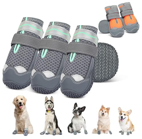Sezlinver Hundeschuhe mit Rutschfester Sohle, 4er Pack Verstellbarer Pfotenschutz mit reflektierenden Bändern, waschbare und atmungsaktive Hundeschuhe für kleine, mittlere und große Hunde(7), Grey