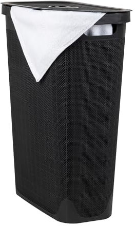 Mind Reader Schmaler Wäschekorb, 40 l, mit Deckel, Leinen-Design, Kunststoff, 47 cm L x 27 cm B x 59 cm H, Schwarz