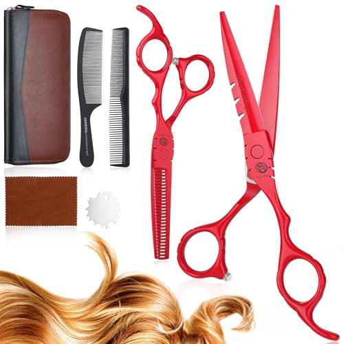 Purple Dragon Friseurschere Set 5,5 Zoll Rot Haarschneideschere Set Profi(Haarschere & Effilierschere) mit 2 Kamm Haar Bart Trimmen Formung Pflege für Männer Frauen Familie Barbier Friseur Anfänger