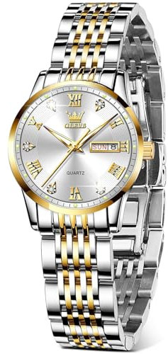 OLEVS Bicolor Uhren Damen Metallarmband Elegante Edelstahl Damenuhren Klein Weiß Zifferblatt Uhr für Frauen mit Datumsanzeige Silber Gold Quarz Analog Damen Armbanduhr Wasserdicht Geschenke