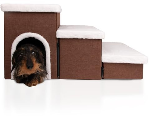 BOEFIE Hundetreppe mit hundebett - hundetreppe fur kleine und große Hunde - Hundetreppe fur Sofa und Bett – Hundetreppe mit viel Lagerfläche. (braun)