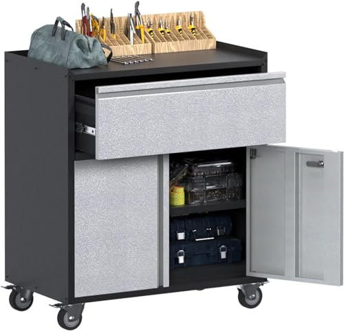 SUPEER Armadio degli attrezzi con cassetti, carrello da officina, garage con ruote e 2 ante richiudibili, armadio in metallo, ideale per strumenti e accessori