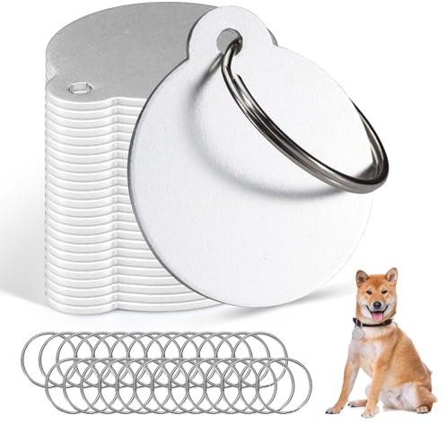 Modixun Lot de 25 étiquettes vierges pour chien à graver, 3,1 cm, étiquettes rondes en aluminium avec porte-clés