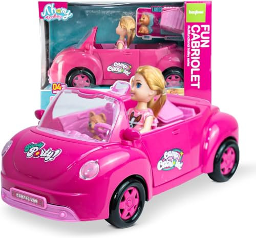 SDMAX Doll and Car Playset, Double Door Convertible 4 Seater with Doll, Pet and a Basket, Fun Multifunctional Car, Role Play Set, Educational Pretend Play Toy, Pink