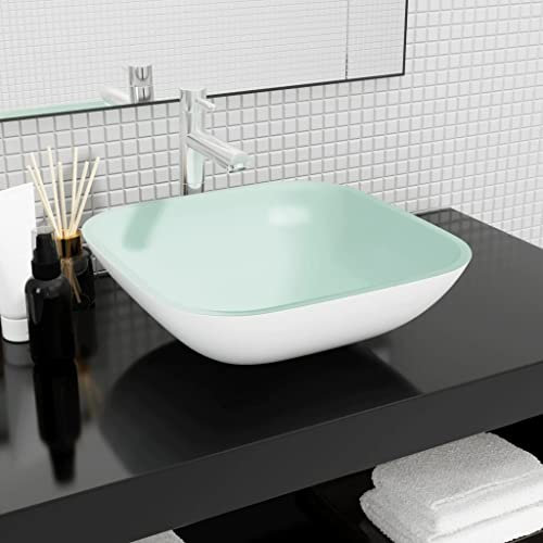 Lavandino in Vetro 42x42x14 cm Bianco,Lavabo in Vetro Moderno da Appoggio per Bagno, Toilette e Cucina
