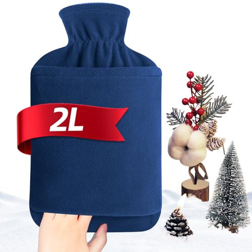 MUPAS Hot Water Bottle with Fleece Cover - 2L Large Leakproof Hot Water Bag - Soft Hot Water Bottle with Hand Pocket and Natural Rubber (Blue)