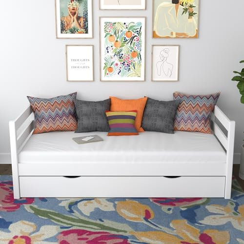 N-wood N01 Tagesbett mit schublade 120x200 cm aus Holz, Sofabett, Bettgestel mit lattenrost, Einzelbett für Kinder, Jugendliche und Erwachsene, Stabile Massivholzkonstruktion, Weiß