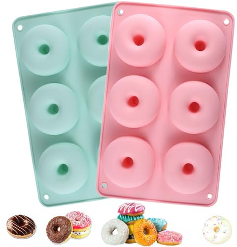 Molde de silicona para donuts, antiadherentes, para hornear rosquillas, moldes de silicona resistentes al calor,Moldes de donuts antiadherentes de silicona con 6 ranuras para pasteles, magdalenas,2PCS
