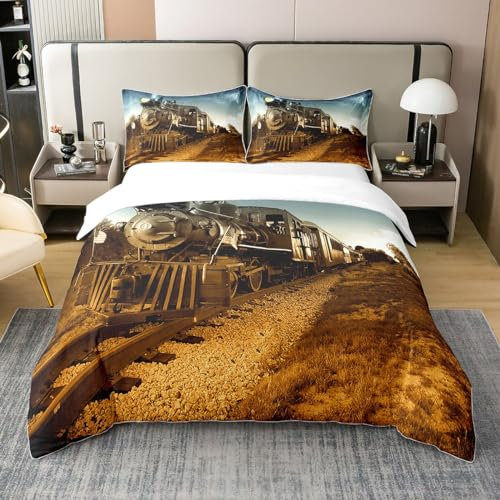 Loussiesd 3D Zug Druck Bettwäsche Set Eisenbahn Industriewind Bettbezug Set Kinder Jungen Mädchen Bettwäsche Set 135x200cm 100% Baumwolle 100% Baumwolle Betten Set mit und 1 Kissenbezug 80x80 cm
