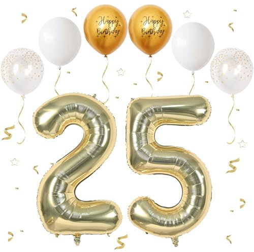 VUCDXOP Champagner Gold Luftballon 25, XXL Riesige Geburtstag Ballon 25, 40 - 101cm Ballon Zahl Deko Folienballon Zahlen 2 & 5, Geburtstagsdeko Jubiläum Party Deko, Fliegt mit Helium (Nummer 25/52)