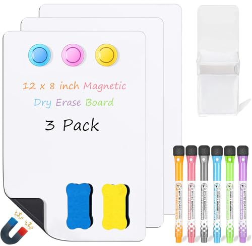 LISSCHANN Magnetisches Whiteboard Kühlschrank A4, 3er-Pack Whiteboard Trocken Abwischbar Klein für Erinnerungen, Einkaufslisten, Familienmenü, mit Markern, Magneten, Radiergummis und Stifthalter