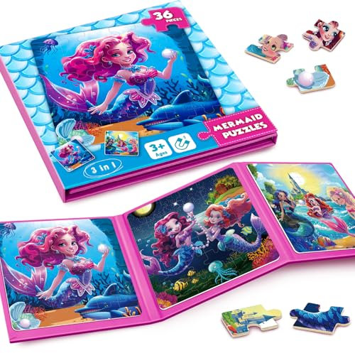 CutteeyFyry Meerjungfrau Magnetpuzzle für Kinder, 36pcs Reise Magnetische Puzzle Alter 3-8, Mädchen Magnet Puzzle, Beschäftigung für Autofahrt und Flugzeug Aktivitäten
