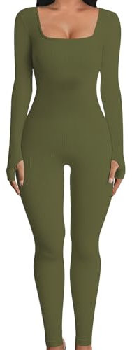 OYIGELZ Yoga Jumpsuit Damen Einteiligem Gerippte Strick Langarm Sport Workout jumpsuits Hosenanzug Trainingsanzug Eckigem Ausschnitt Figurbetontem Kuscheliger Overall(Armeegrün-J,M)