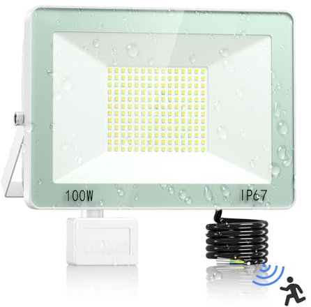Projecteur LED Exterieur Detecteur de Mouvement - 100W 10000LM Spot LED Extérieur Detecteur de Mouvement avec 180 LEDs et IP67 Étanche, 7000K Eclairage Exterieur pourJardin, Cour, Garage, Usine