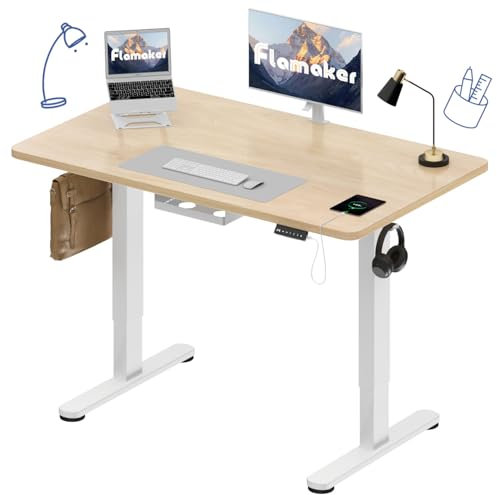 Flamaker Höhenverstellbarer Schreibtisch 120x60 cm,25MM Ganze Tischplatte mit Bürstenloser Motor,Stabiler Ergonomischer Steh Schreibtisch elektrisch höhenverstellbar mit Kabel Management Tray
