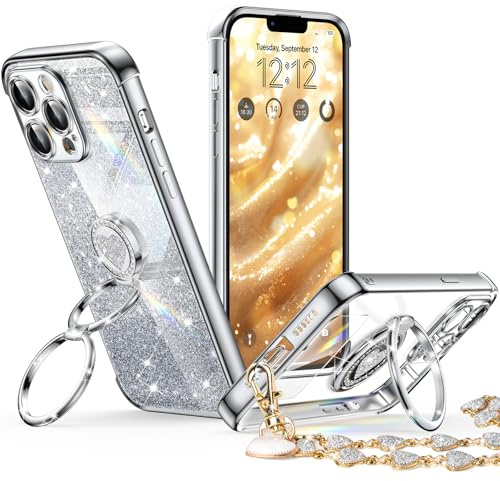 XYZ for iPhone 12 Pro Max Case with Stand, Phone Case with Double Ring Kickstand, Women Girls Bling Luxury Glitter Clear Phone Case Cover Heart for iPhone 12 Pro Max, Silver