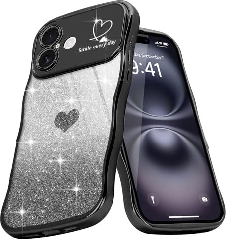 Teageo Cute Heart Pattern Curly Phone Case for iPhone 16, Wave Frame Glitter Case for Girls Women Aesthetic Bling Cover Shockproof Soft TPU Bumper for iPhone 16, Black