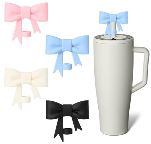 VEGCOO Bow Straw Covers Cap, 4 PCS Cute Straw Cover Compatible with Stanley Cup, Silicone Straw Tips Cover for Cups Compatible with Straws, Straw Covers for 40/30 OZ Tumbler