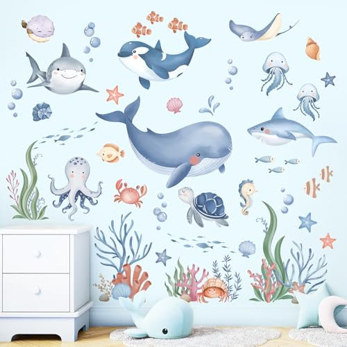 wondever Wandtattoo Unter dem Meer Fisch Wandaufkleber Ozean Wale Hai Meerestiere Seetang Wandsticker Wanddeko für Babyzimmer Kinderzimmer Badezimmer