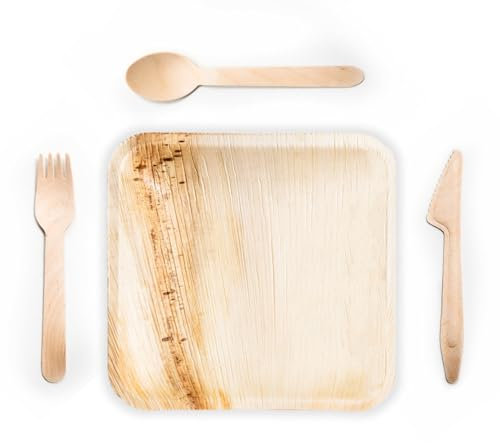 Canape King 500 pcs Disposable Palm Leaf Plates and Cutlery Set - 100x Square Plates, Forks, Knives, Spoons, Napkins - Eco-Friendly Wedding Party Picnic Biodegradable Dinnerware Bundle