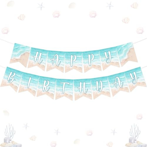Kreatwow Strandmuschel Geburtstag Party Dekorationen Strand Happy Birthday Banner Sommer Meer Geburtstag Dekorationen Ozean Wellen Party Supplies für Surf Ocean Nautische Küste Meerjungfrau