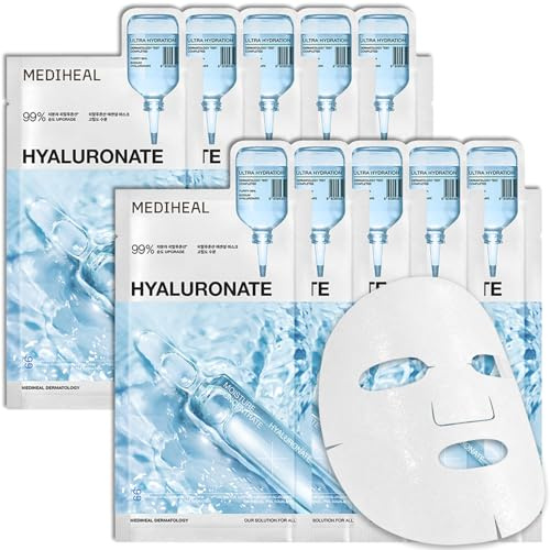MEDIHEAL Hyaluronic Acid Essential Face Sheet Mask, Deep Hydration (10ea) | with Glutathione, Ceramide | Moisture Barrier | Plastic-Free Vegan Sheet | Korean Skincare
