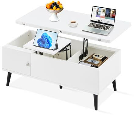 LEMROE Lift Top Coffee Table, 3 in 1 Coffee Table with Storage Shelves, Extendable Lift up Tabletop, Versatile Rectangle End Side Table for Living Room Home Office