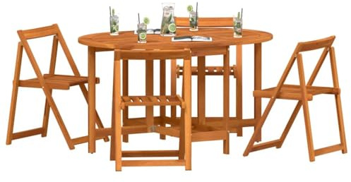 vidaXL Klapp-Butterfly-Garten-Dining-Set mit 110 cm Tisch + 4 Stühlen aus Akazienholz mit natürlichem Finish für die Terrasse, klappbar und geölt