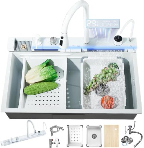 Ribanedy 90 cm Fregadero de cocina inteligente de acero inoxidable 304 Blanco, fregadero en cascada moderno multifuncional con grifo integrado con pantalla digital, lavavasos y juego de accesorios