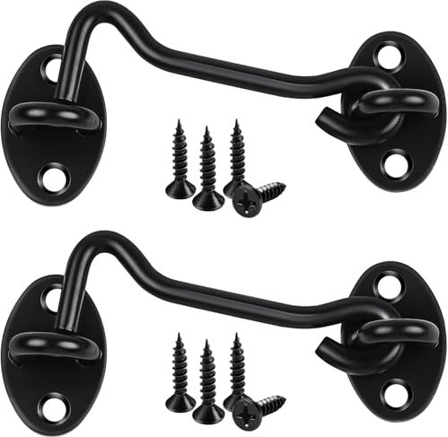 2 Pack Hook and Eye Latch, 4 Inch Black Cabin Hooks Stainless Steel Eye Gate Latch Easy Lock, Sliding Door Hooks Barn Door Catch Hardware with Screws for Outdoor Garden Shed Patio Window Wooden Gates