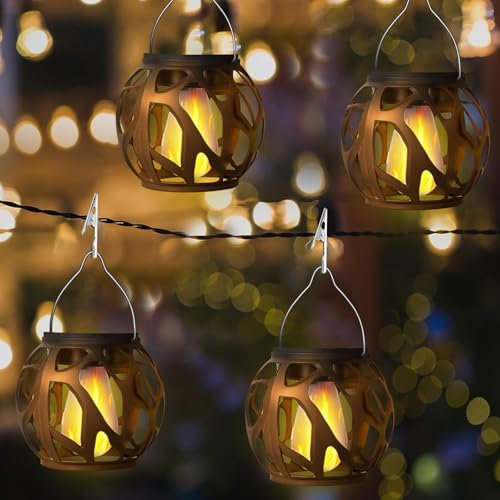Garten Solarlampen für Außen Hängend,4 Stücke Solar Laternen für Draußen,IP65 Wasserdicht Solarleuchten Gartendeko,Hängend Solar Flammenlicht,für Draußen,Balkon,Gartendeko,Patio,Baum