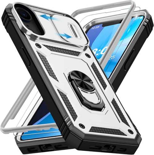 Giyer Handyhülle für iPhone XR Hülle mit Schutzfolie, Panzerhülle Case mit Kameraschutz 360° Metall Ring Ständer Stoßfest Bumper Schutzhülle für iPhone XR Cover Tache (Weiß)