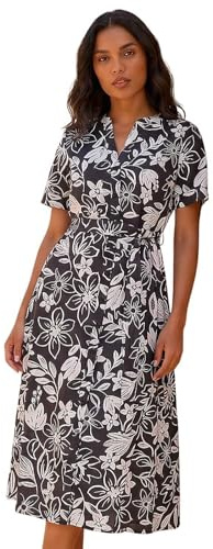 Roman Shirt Dress for Women UK Ladies Short Sleeve Sleeveless Belted Collared Midi Maxi Summer Spring Smart Casual Button Evening Office A Line Swing Skater - Noir Floral - Size 20