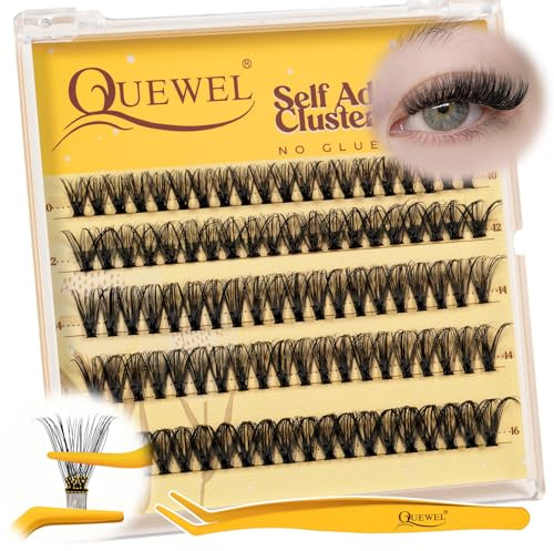 QUEWEL Pre-Glued-Cluster-Lashes Kit Natural Self Adhesive Eyelashes, D Curve Pre Glued Eyelashes, Strong Hold 10-16MM No Glue Needed Self Adhesive Lashes at Home(MJ08)