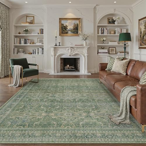 PureCozy Teppich Wohnzimmer 200x300cm Waschbarer Vintage Grün Tepich | Wohnzimmerteppich,Kurzflor Rutschfest,Weich Groß XXL Carpet,Leicht,Schlafzimmer, Esszimmer,Büro