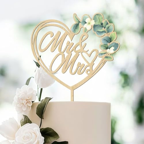 LunarCharm Mr & Mrs Cake Topper Grüner Tortenaufsatz aus Holz Hochzeitstorte Deko Tortenstecker für Jubiläum Verlobung Antrag Party-Kuchendekoration, Herzform