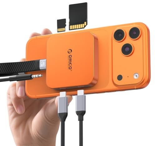 ORICO USB-C SD-Kartenleser Magnetischer SD 3.0 Speicherleser, mit 100W USB C-Anschluss, Typ C 5Gbps, 3,5mm AUX, kompatibel mit iPhone 17/16/15, 104 MB/s Datenübertragung AIR5C