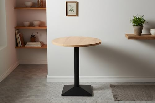 SAM Bistrotisch Joan | 60 x 60 cm | Holz | Farbe: Eiche | Rund | schwarzes eckiges Säulengestell aus Metall | Säulentisch/Esstisch für Küche, Café & Essbereich