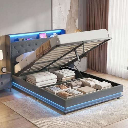 HOMCOM Lit Coffre 140x190cm avec Éclairage LED, Station de Charge, Gris