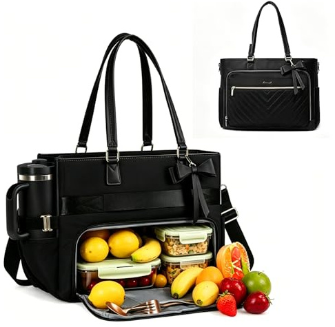 Bztzhm 2-in-1 Laptoptasche Damen mit Isolierted Lunch-Fach, 15.6 Zoll Auslaufsichere Lunchtasche Handtasche braun und Schwarz