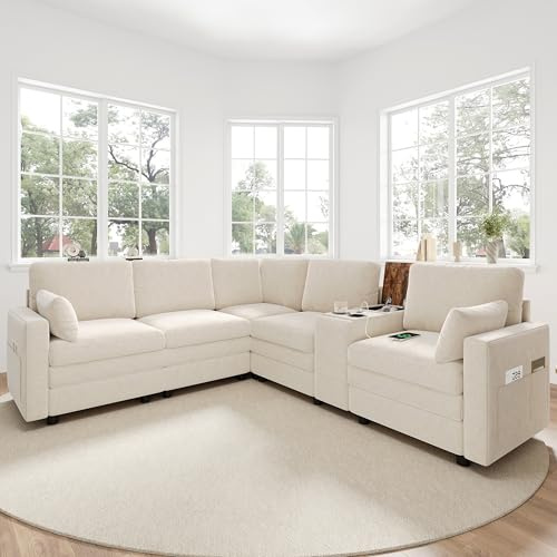 BEJUDYTT Ecksofa 5-Sitzer, Cloud Sofa mit Konsole, Getränkehaltern, Wendbare Mittelkonsole mit Stauraum, Modulares L-Form Sofa für Wohn- und Schlafzimmer (Beige)