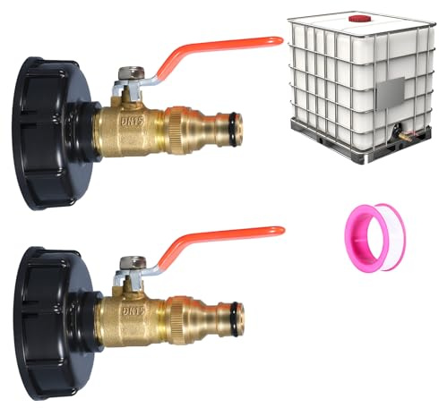 IBC Kugelhahn Messing mit Abnehmbare Stecksystem, 1/2 S60X6 IBC Tank Zubehör, Regentonne Wasserhahn Hahn Verbinder, IBC Container Zubehör, Anschluss Adapter für Schlauch und Sprinkler (1/2'' x 2)