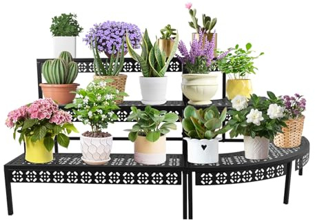 Escalera de metal de 3 niveles, escalera para plantas, banco de flores, estante para plantas, soporte para plantas, soporte para jardín, balcón, interior y exterior, estante multifuncional para flores
