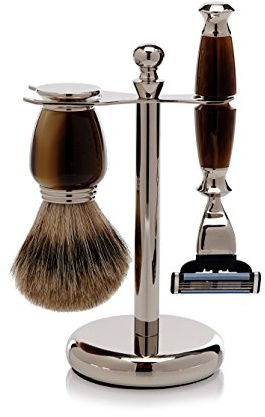 Golddachs Rasierset Galalith/silber, Kunsthorn/Messing-Bestückung, 100% Dachs-Zupfhaar