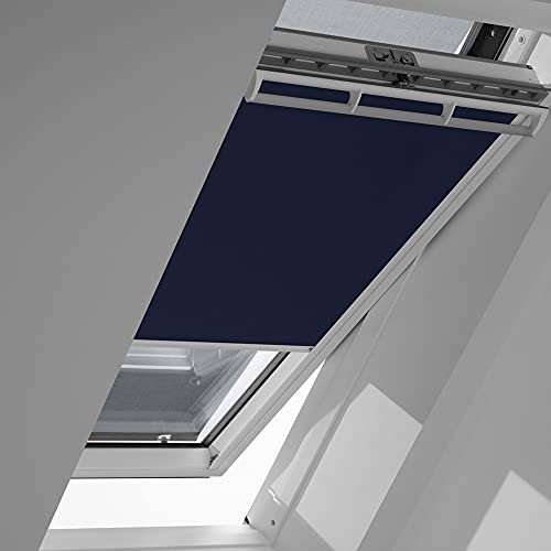 Original VELUX Vorteils-Set ( Verdunkelungs-Rollo + Hitzeschutz-Markise ) für GGL GHL GTL GPL GXL SK10 und GGU GHU GTU GPU GXU SK10 in Stofffarbe 1100 Dunkelblau – Markise in 5060 schwarz, Seitenschienen in Silber / DOP SK10 1100S