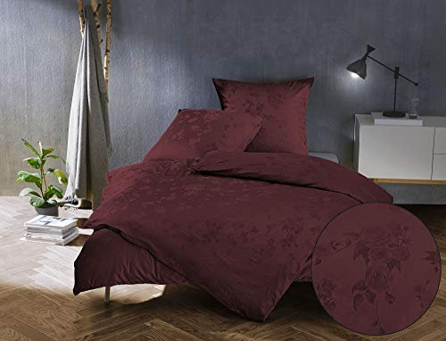 Bettwaesche-mit-Stil Mako Satin Jacquard Damast Bettwäsche Zoé Rose - Bordeaux rot - 140x200 + 70x90 cm