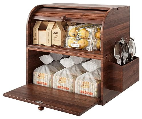 TQVAI Bamboo Bread Box for Kitchen Counter Dobule Layer Roll Top Bread Storage Container with Silverware Basket - Can Use as 2 Individual Bread Bin - Assembly Required, Retro Brown