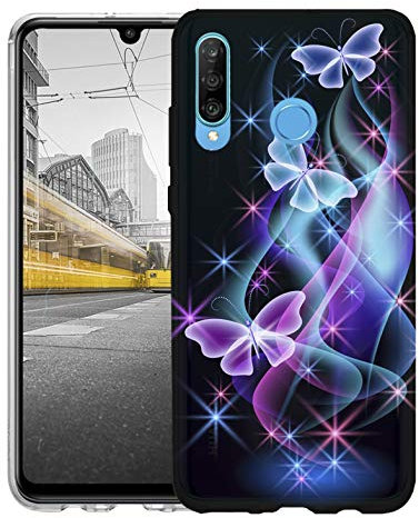 KX-Mobile Hülle für Huawei P30 Lite Handyhülle Motiv 401 Schmetterling Blau Pink Schwarz Premium Silikonhülle SchutzHülle Softcase HandyCover Handyhülle für Huawei P30 Lite Hülle
