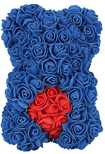 FeiWen Rose Flower Bear 10 inch Teddy Bear Artificial Flowers Gift for Mothers Day, Valentines Day, Anniversary & Bridal Showers (02Blue Red Heart)