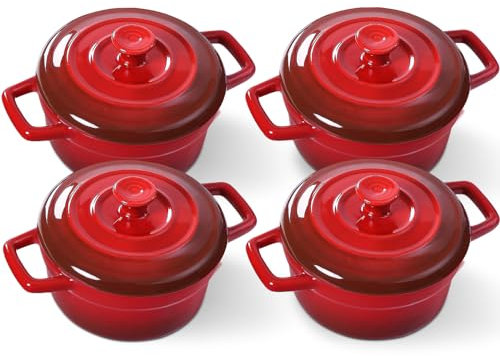 Lareina Mini Cocotte - Casseruola in ceramica da 350 ml, set da cucina con manici e coperchio, piccole pirottini da forno, microonde e lavastoviglie, set da 4, colore: rosso